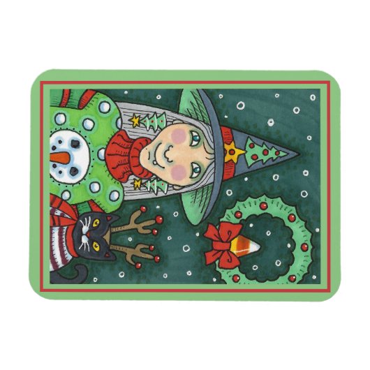 雪だるまセーターの魔女、黒猫クリスマスハロウィーン マグネット (横)