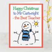 雪だるまデザインハッピークリスマストゥ先生 カード (黄色い花)