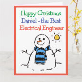 雪だるまデザインハッピークリスマス電気技師 カード (黄色い花)