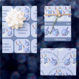 雪だるまドリードルズキュートハッピーハヌッカキッズネーム ラッピングペーパーシート