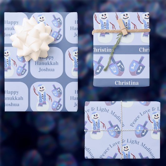 雪だるまドリードルズキュートハッピーハヌッカキッズネーム ラッピングペーパーシート