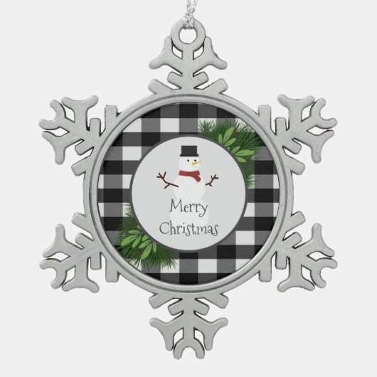 雪だるまバッファロープレイドスノーフレークオーナメント スノーフレークピューターオーナメント (正面)