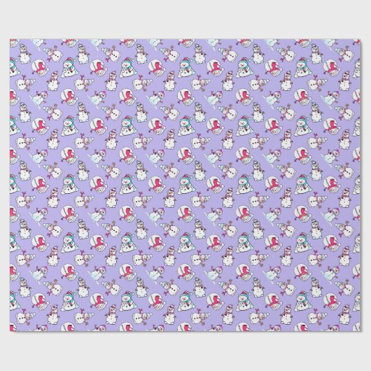 雪だるまパターン | かわいいガーリー薄紫 ラッピングペーパー (フラット)
