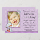 雪だるまパープルウィンターフォト誕生日 招待状 (正面/裏面)