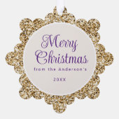 雪だるまパープル金ゴールドグリーンメリークリスマスグリーティング オーナメントカード (裏面)