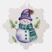 雪だるまパープル金ゴールドグリーンメリークリスマスグリーティング オーナメントカード (正面)