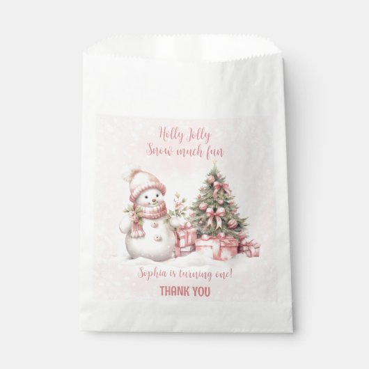 雪だるまピンクのクリスマス1st誕生日のお祝いバッグ フェイバーバッグ (正面)