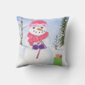 雪だるまピンクのスカーフのキャンディーと甘い冬の風景 クッション (裏面)
