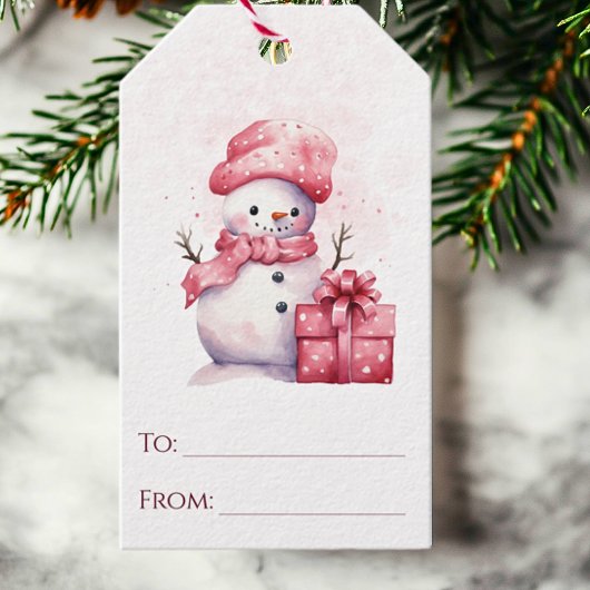 雪だるまピンクの水の色とクリスマス ギフトタグ