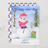 雪だるまピンクスカーフキャンディーケーンハッピースノー日 シーズンカード (正面/裏面)
