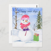 雪だるまピンクスカーフキャンディーケーンハッピースノー日 ポストカード (正面/裏面)