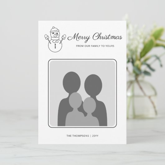 雪だるまファミリーカスタム写真と文字付きラインアート シーズンカード (スタンド正面)