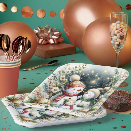 雪だるまファミリークリスマス ペーパープレート (複数)