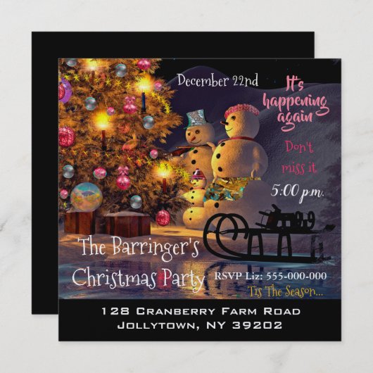 雪だるまファミリービューティフルクリスマスパーティー 招待状 (正面/裏面)