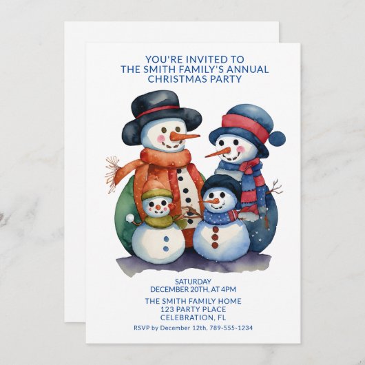 雪だるまファミリープレゼントブルーパーティー 招待状 (正面/裏面)
