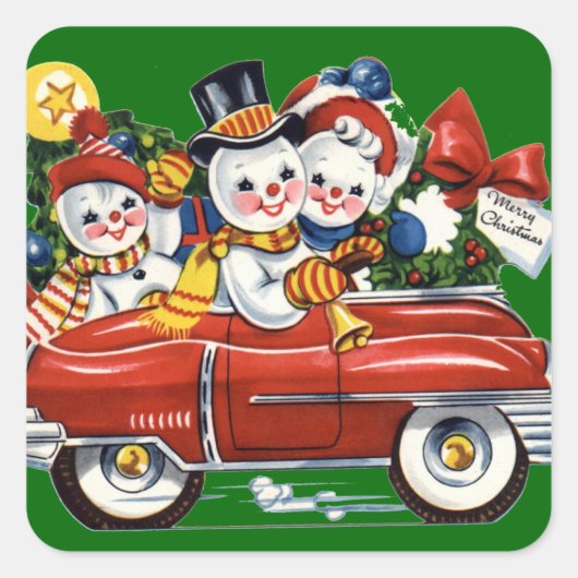 雪だるまファミリーヴィンテージクリスマスギフトラベル スクエアシール (正面)