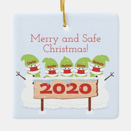 雪だるまファミリー・オブ・ファイブ・顔・マスク2020年クリスマス セラミックオーナメント (正面)