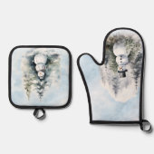 雪だるまフォレストツリーズスノーグリーンブルー 鍋つかみ&鍋敷きセット (正面)