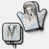 雪だるまフォレストツリーズスノーグリーンブルー 鍋つかみ&鍋敷きセット (正面/裏面)