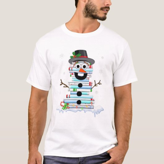 雪だるまブックスタック司書ブックラバークリスマスブックラバークリスマス Tシャツ (正面)