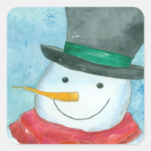 雪だるまブラックトップハットクリスマスホリデーウォーターカラー スクエアシール