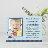 雪だるまブルーウィンターフォト誕生日 招待状 (スタンド正面)