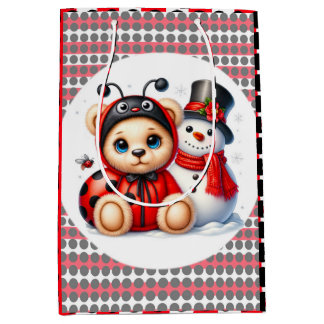 雪だるまベビーシャワーギフト付きテディベアLadybug ミディアムペーパーバッグ