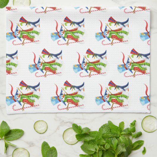 雪だるまペンギンおもしろい金ゴールドグリッターメリークリスマス キッチンタオル (折り畳み)