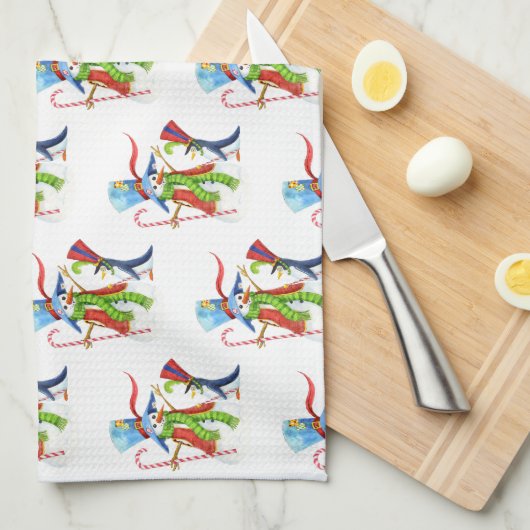 雪だるまペンギンおもしろい金ゴールドグリッターメリークリスマス キッチンタオル (四つ折り)