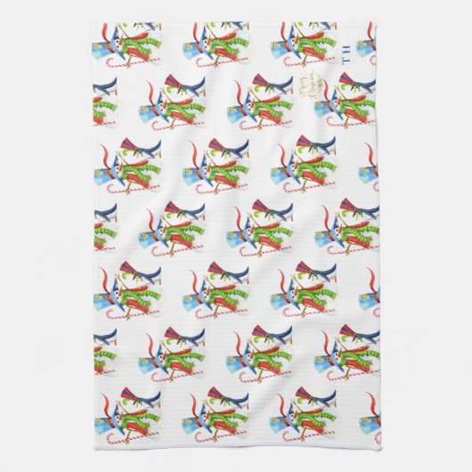 雪だるまペンギンおもしろい金ゴールドグリッターメリークリスマス キッチンタオル (縦)