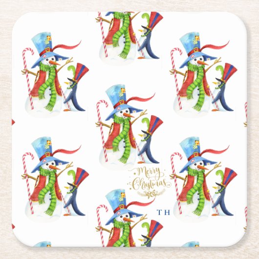 雪だるまペンギンおもしろい金ゴールドグリッターメリークリスマス スクエアペーパーコースター (正面)