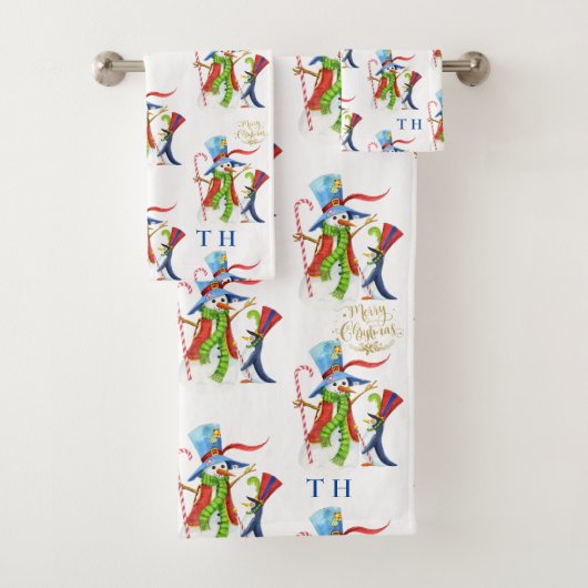 雪だるまペンギンおもしろい金ゴールドグリッターメリークリスマス バスタオルセット (インサイチュ)