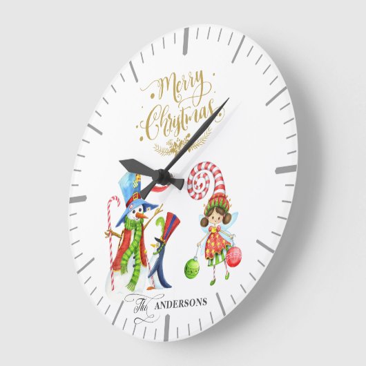 雪だるまペンギンおもしろい金ゴールドグリッターメリークリスマス ラージ壁時計 (傾斜)