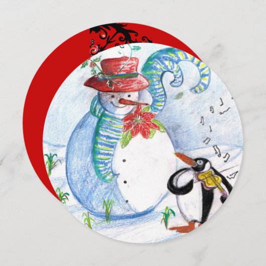 雪だるまペンギンの冬セレナーデホリデーパーティー 招待状 (正面/裏面)
