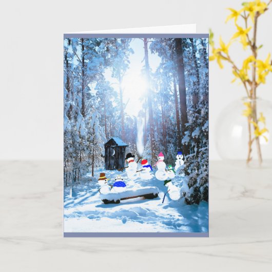 雪だるまホリデーファミリー懇親会フォールドカード カード (黄色い花)