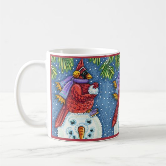 雪だるまボディガード、クリスマス（鳥）ショウジョウコウカンチョウレッドバード コーヒーマグカップ (左)