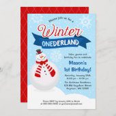 雪だるまボーイウィンターワンダーランド1歳の誕生日 招待状 (正面/裏面)