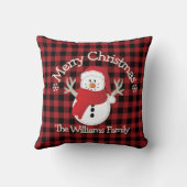 雪だるまマンガ赤い黒い格子模様素朴が雪に染まる クッション (裏面)