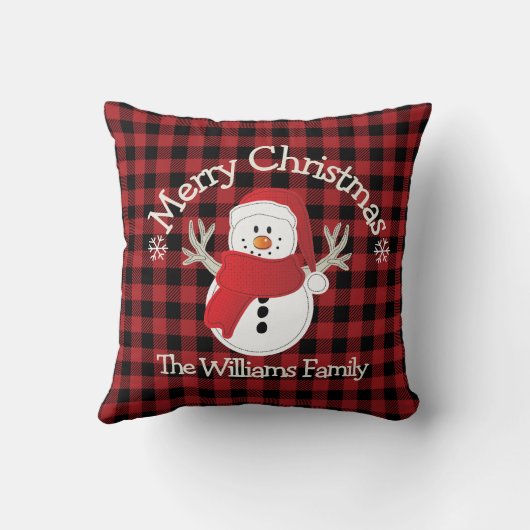 雪だるまマンガ赤い黒い格子模様素朴が雪に染まる クッション (裏面)