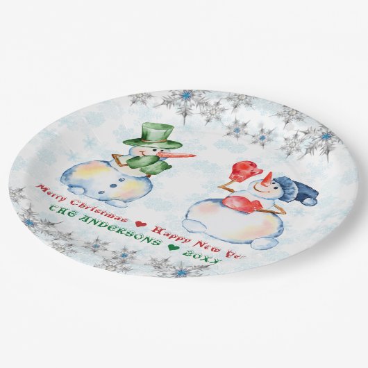 雪だるまメリーおもしろいクリスマスの結晶の雪の結晶 ペーパープレート (アングル)