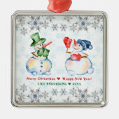 雪だるまメリーおもしろいクリスマスの結晶の雪の結晶 メタルオーナメント (正面)