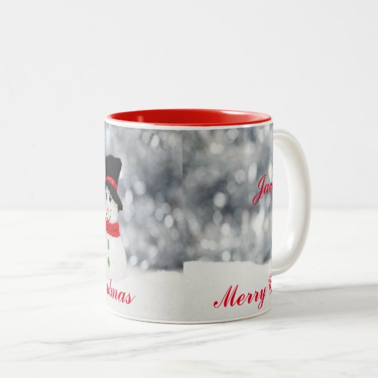 雪だるまメリークリスマスカスタムマグカップ ツートーンマグカップ (正面右)
