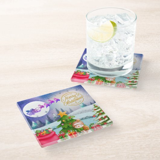 雪だるまメリークリスマスツリーギフト&ハッピーニューイヤー ガラスコースター (アングル)
