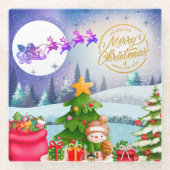 雪だるまメリークリスマスツリーギフト&ハッピーニューイヤー ガラスコースター (正面)