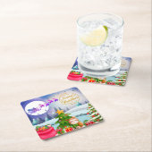 雪だるまメリークリスマスツリーギフト&ハッピーニューイヤー スクエアペーパーコースター (インサイチュ)