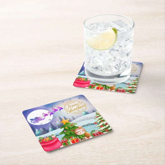 雪だるまメリークリスマスツリーギフト&ハッピーニューイヤー スクエアペーパーコースター (インサイチュ)