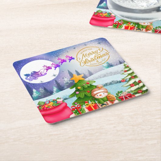 雪だるまメリークリスマスツリーギフト&ハッピーニューイヤー スクエアペーパーコースター (アングル)
