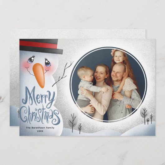 雪だるまメリークリスマスパーソナライズされたファミリー シーズンカード (正面/裏面)