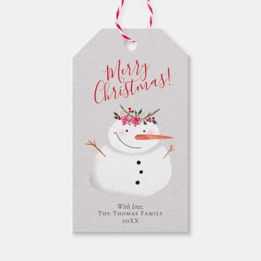 雪だるまモダンクリスマスリースと金ゴールドファミリー ギフトタグ (正面)