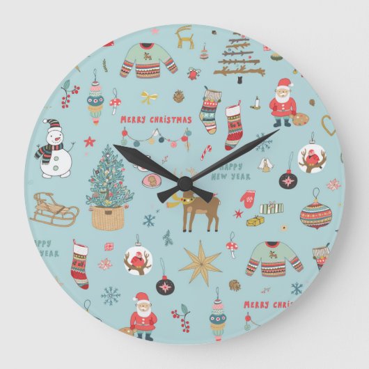 雪だるまモミのクリスマスラッピングパターン ラージ壁時計 (正面)